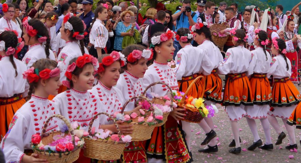 Rose festival in Bulgaria - In this picture: Folklore dancing during a rose-picking ritual in Kazanlak, Bulgaria