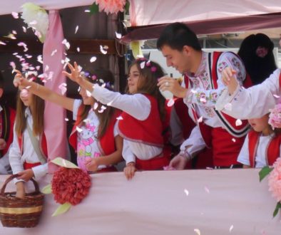 Children and rose petals during the rose parade in Kazanlak