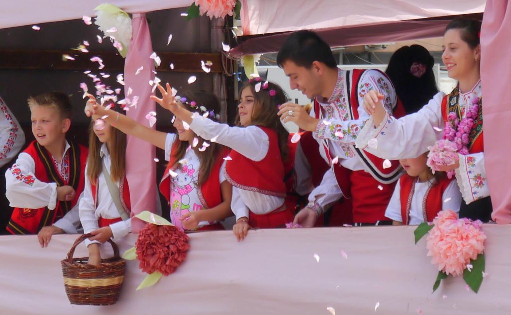 Children and rose petals during the rose parade in Kazanlak