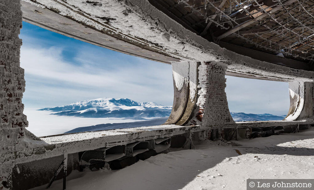 View from the terrace of the Soviet-era monolith Buzludzha during winter