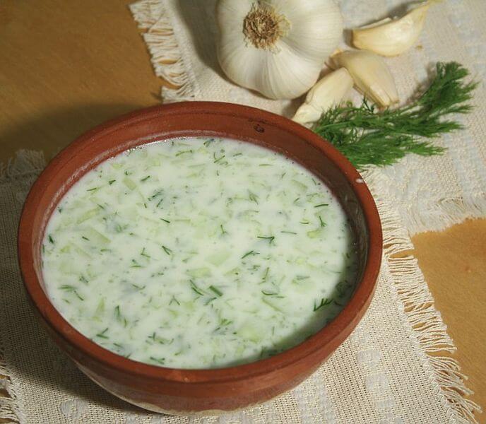 Cold soup made from yoghurt, cucumbers, garlic and dill